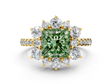 Yellow gold Fancy Green Princess  Cut Diamond Floral Halo Pave Band with Prong Setting