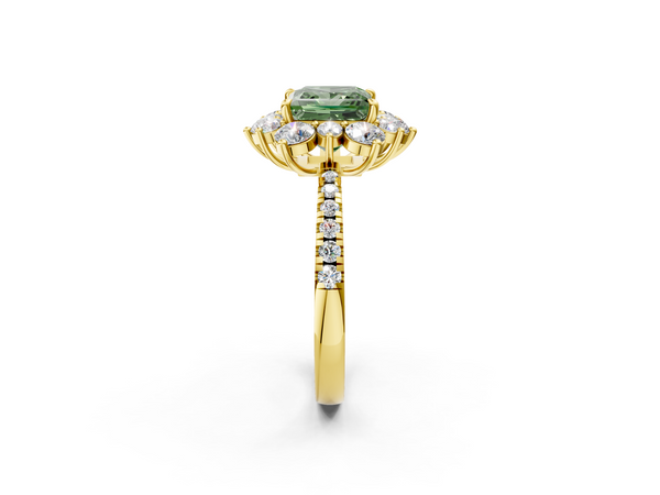 Yellow gold Fancy Green Princess  Cut Diamond Floral Halo Pave Band with Prong Setting