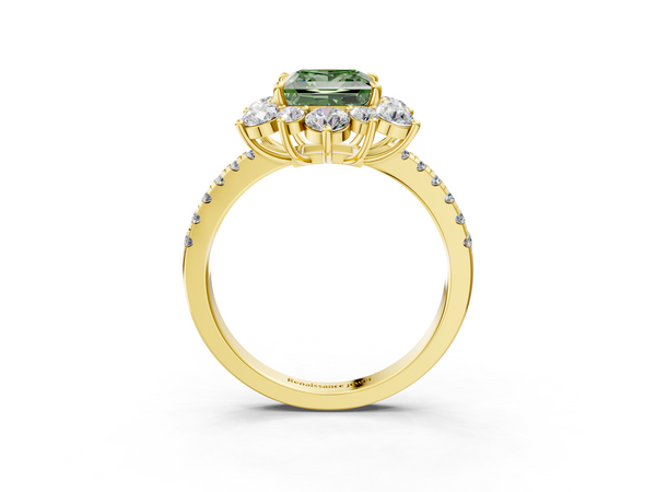 Yellow gold Fancy Green Princess  Cut Diamond Floral Halo Pave Band with Prong Setting