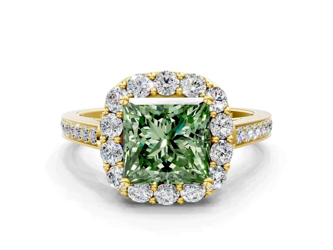 Yellow gold Fancy Green Princess Cut Diamond Floral Halo Ring with Pavé Band and Prong Setting_3