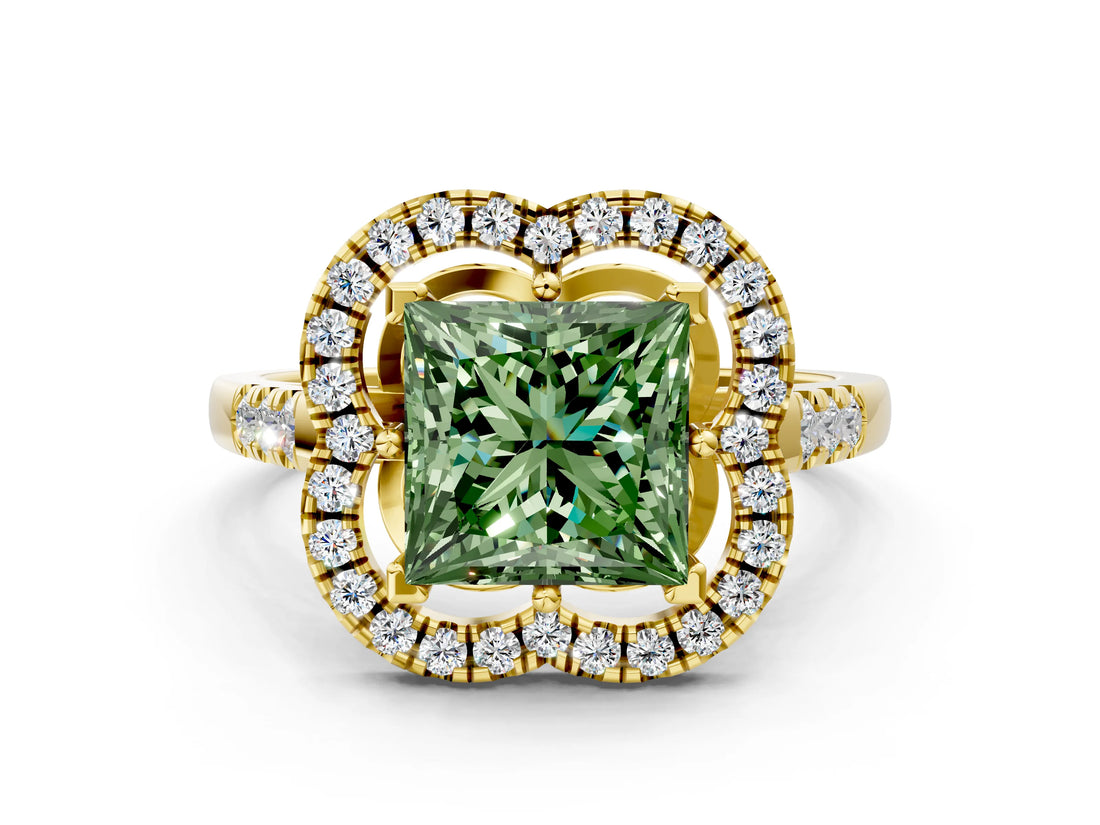 Yellow gold Fancy Green Princess Cut Diamond Floral Halo Split Shank Prong Setting Ring_12