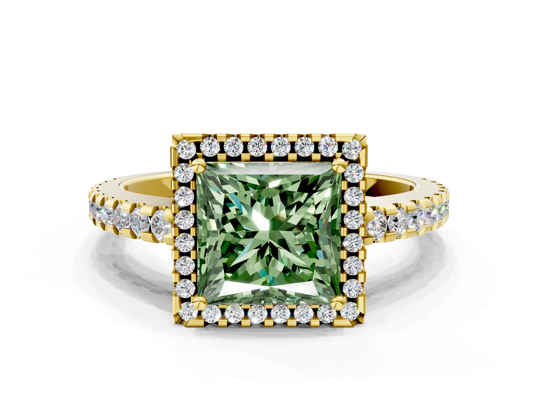 Yellow gold Fancy Green Princess Cut Diamond Halo Engagement Ring with Pavé Band and Prong Setting_27