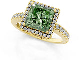 Yellow gold Fancy Green Princess Cut Diamond Halo Engagement Ring with Pavé Band and Prong Setting_28