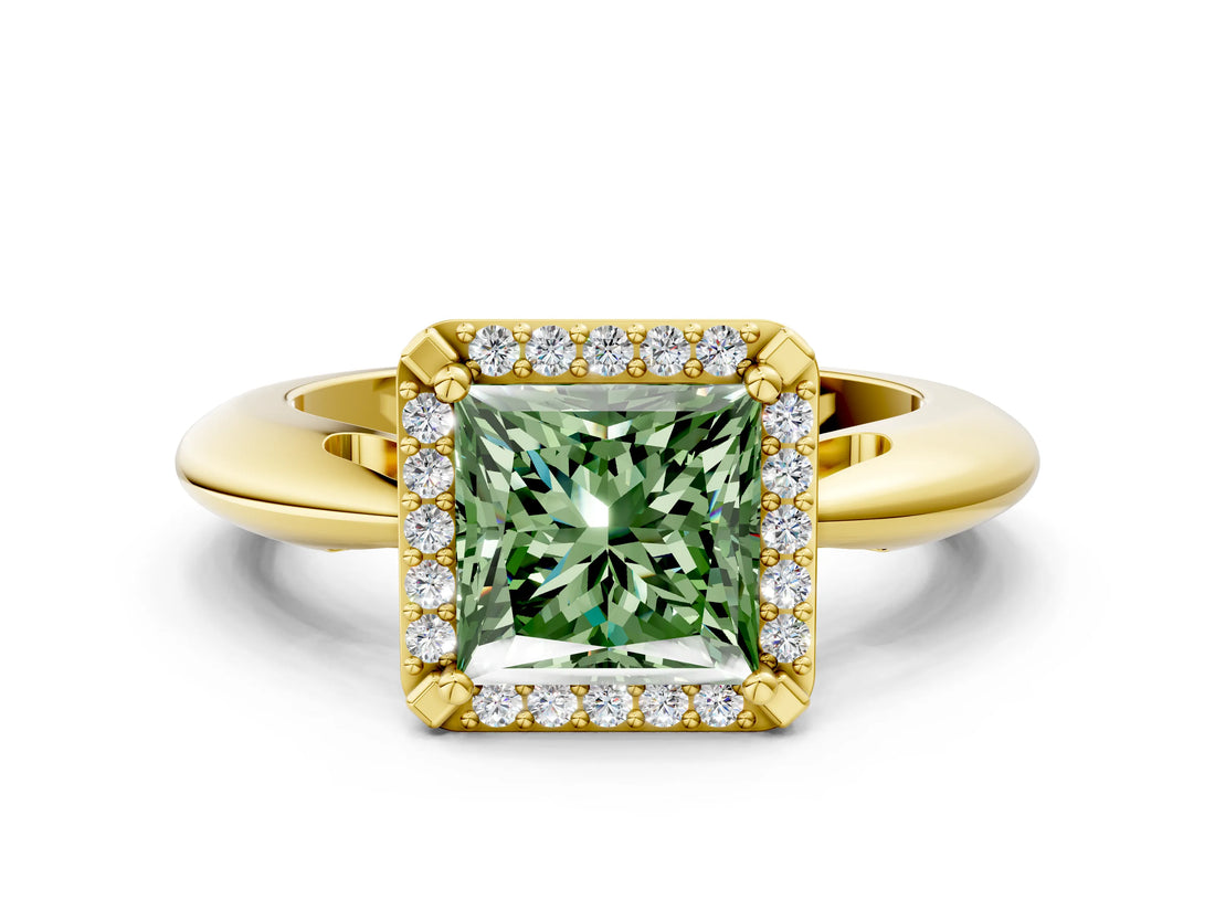 Yellow gold Fancy Green Princess  Cut Diamond Halo Engagement Ring with Split Shank and Four-Prong Setting_29