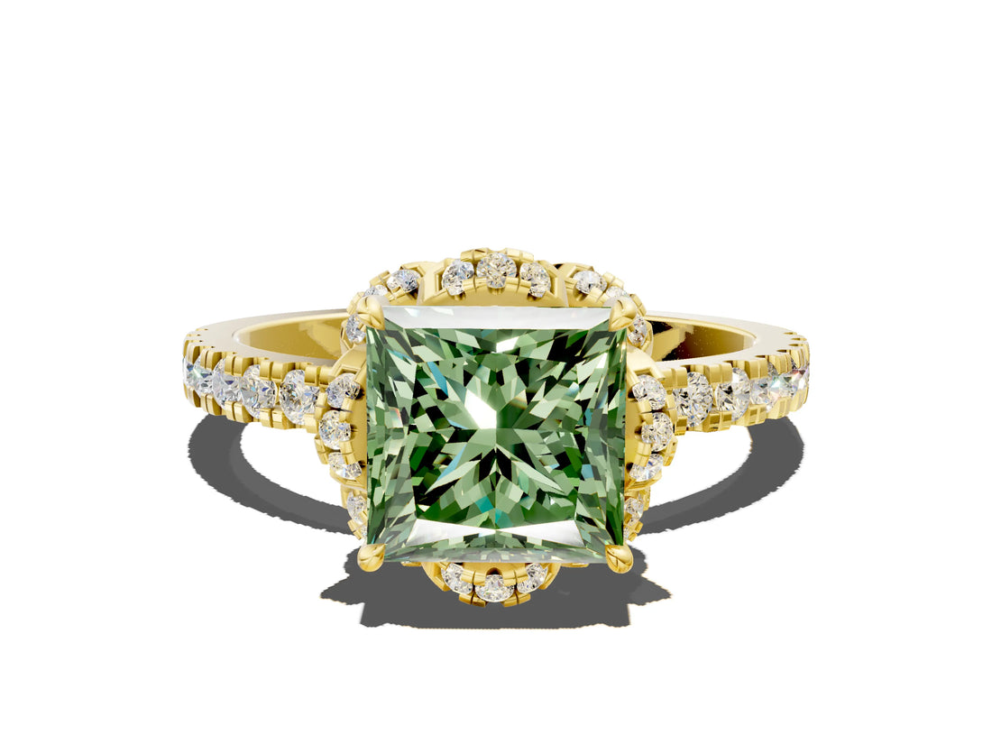 Yellow gold Fancy Green Princess Cut Diamond Halo Pave Band with Four-Prong Setting_3