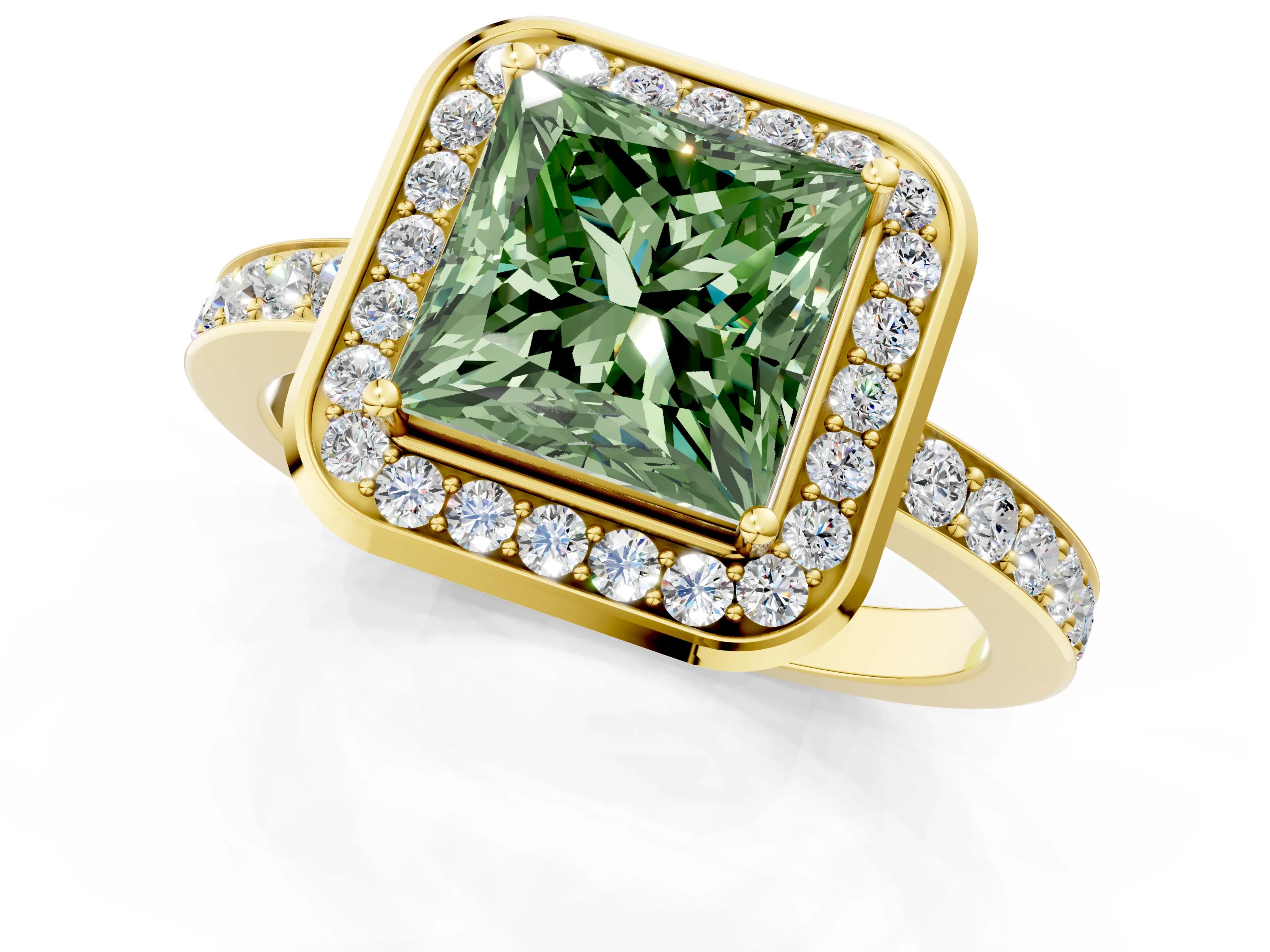 Yellow gold Fancy Green Princess Cut Diamond Halo Ring with Bezel Frame and Pavé Band_1