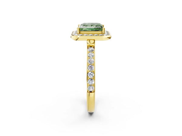 Yellow gold Fancy Green Princess Cut Diamond Halo Ring with Bezel Frame and Pavé Band