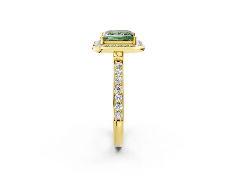 Yellow gold Fancy Green Princess Cut Diamond Halo Ring with Bezel Frame and Pavé Band_2