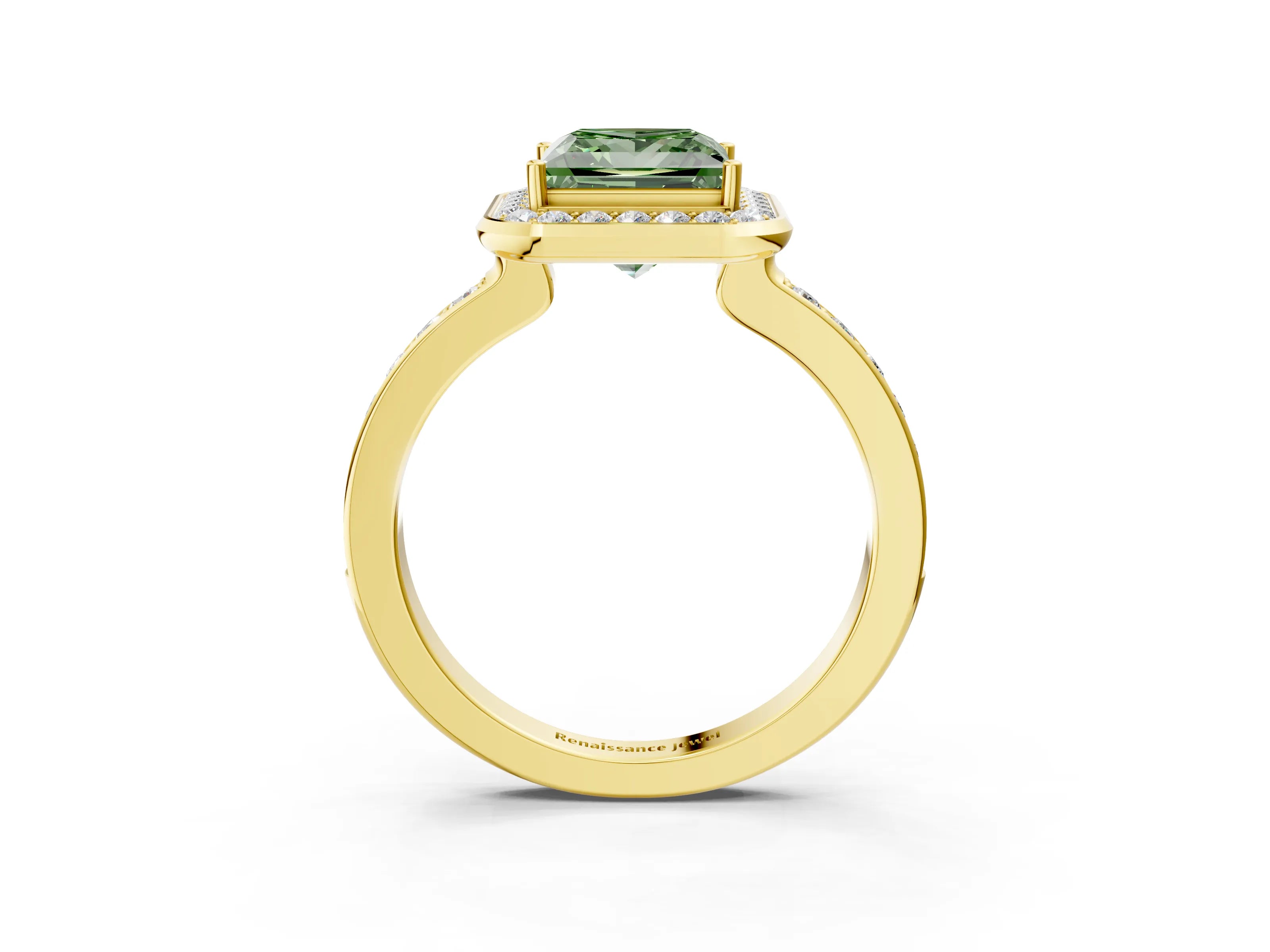 Yellow gold Fancy Green Princess Cut Diamond Halo Ring with Bezel Frame and Pavé Band_3