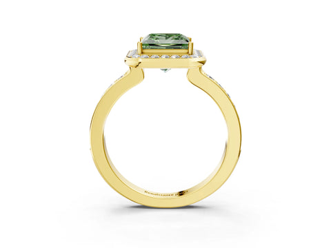 Yellow gold Fancy Green Princess Cut Diamond Halo Ring with Bezel Frame and Pavé Band_3