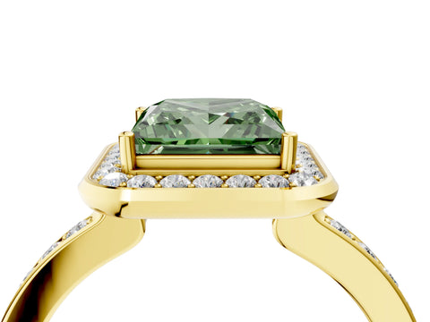 Yellow gold Fancy Green Princess Cut Diamond Halo Ring with Bezel Frame and Pavé Band_4