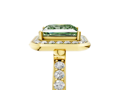 Yellow gold Fancy Green Princess Cut Diamond Halo Ring with Bezel Frame and Pavé Band_5