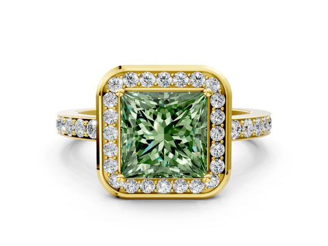 Yellow gold Fancy Green Princess Cut Diamond Halo Ring with Bezel Frame and Pavé Band