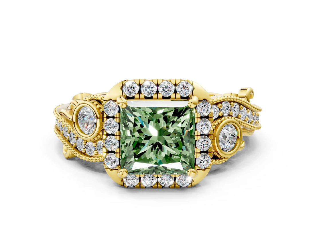 Yellow gold Fancy Green Princess Cut Diamond Halo Ring with Milgrain Pavé Band and Four-Prong Setting_17