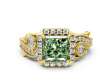 Yellow gold Fancy Green Princess Cut Diamond Halo Ring with Milgrain Pavé Band and Four-Prong Setting_17