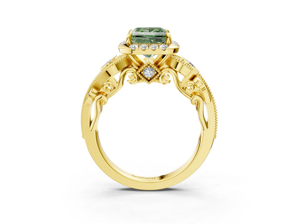 Yellow Gold Princess Cut Halo Engagement Ring Setting for Fancy Green Center with Bezel Accents