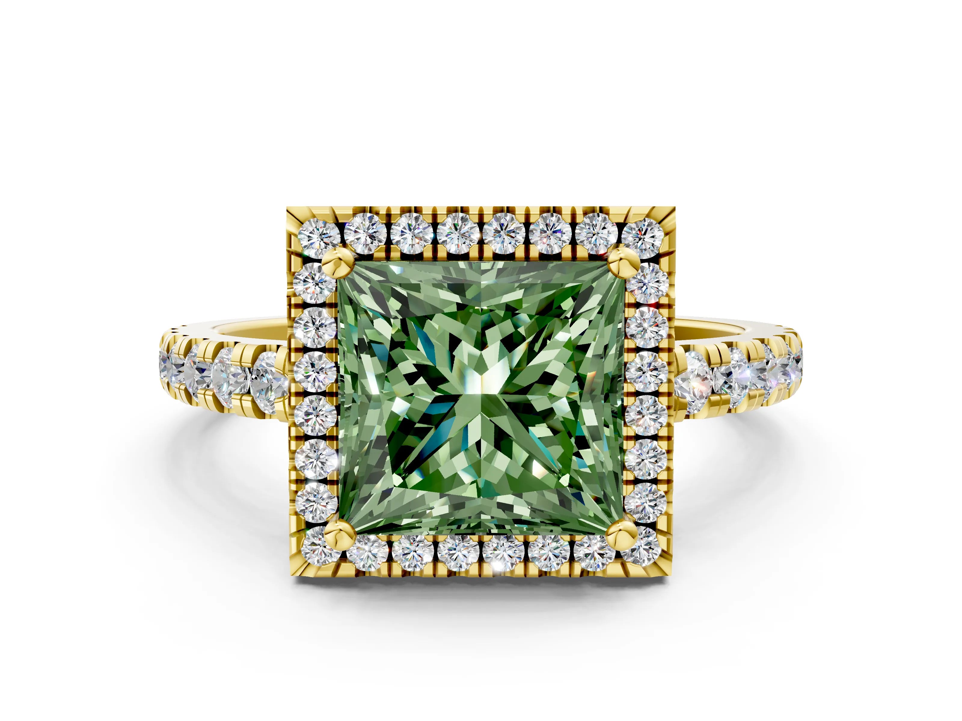 Yellow gold Fancy Green Princess Cut Diamond Halo Ring with Pavé Band and Four-Prong Setting