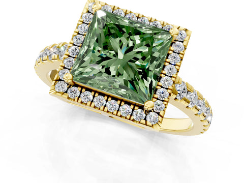 Yellow gold Fancy Green Princess Cut Diamond Halo Ring with Pavé Band and Four-Prong Setting_1