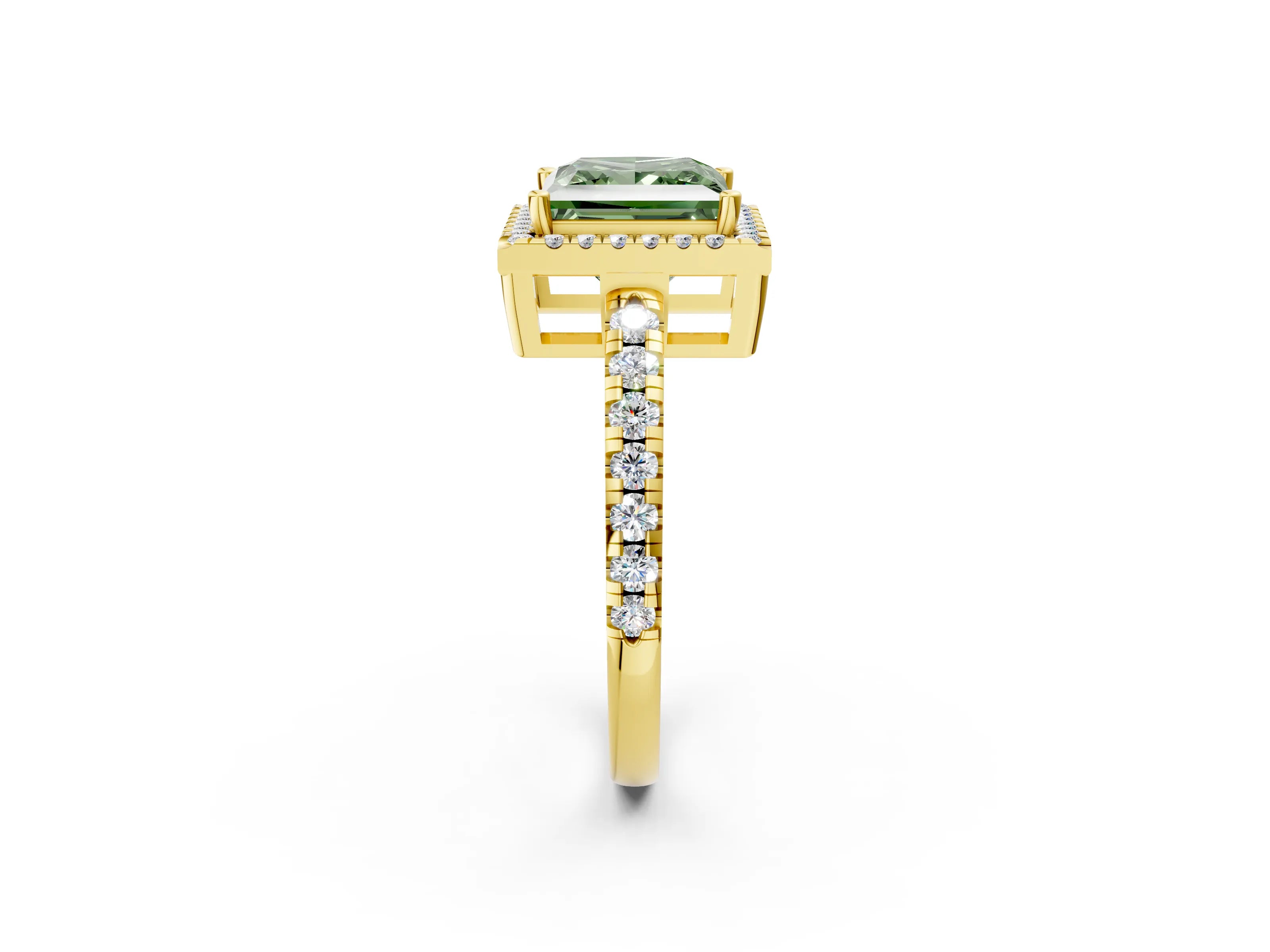 Yellow gold Fancy Green Princess Cut Diamond Halo Ring with Pavé Band and Four-Prong Setting_2