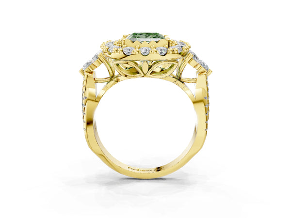 Yellow Gold Princess Cut Halo Crossover Pave Engagement Ring Setting for Fancy Green Center