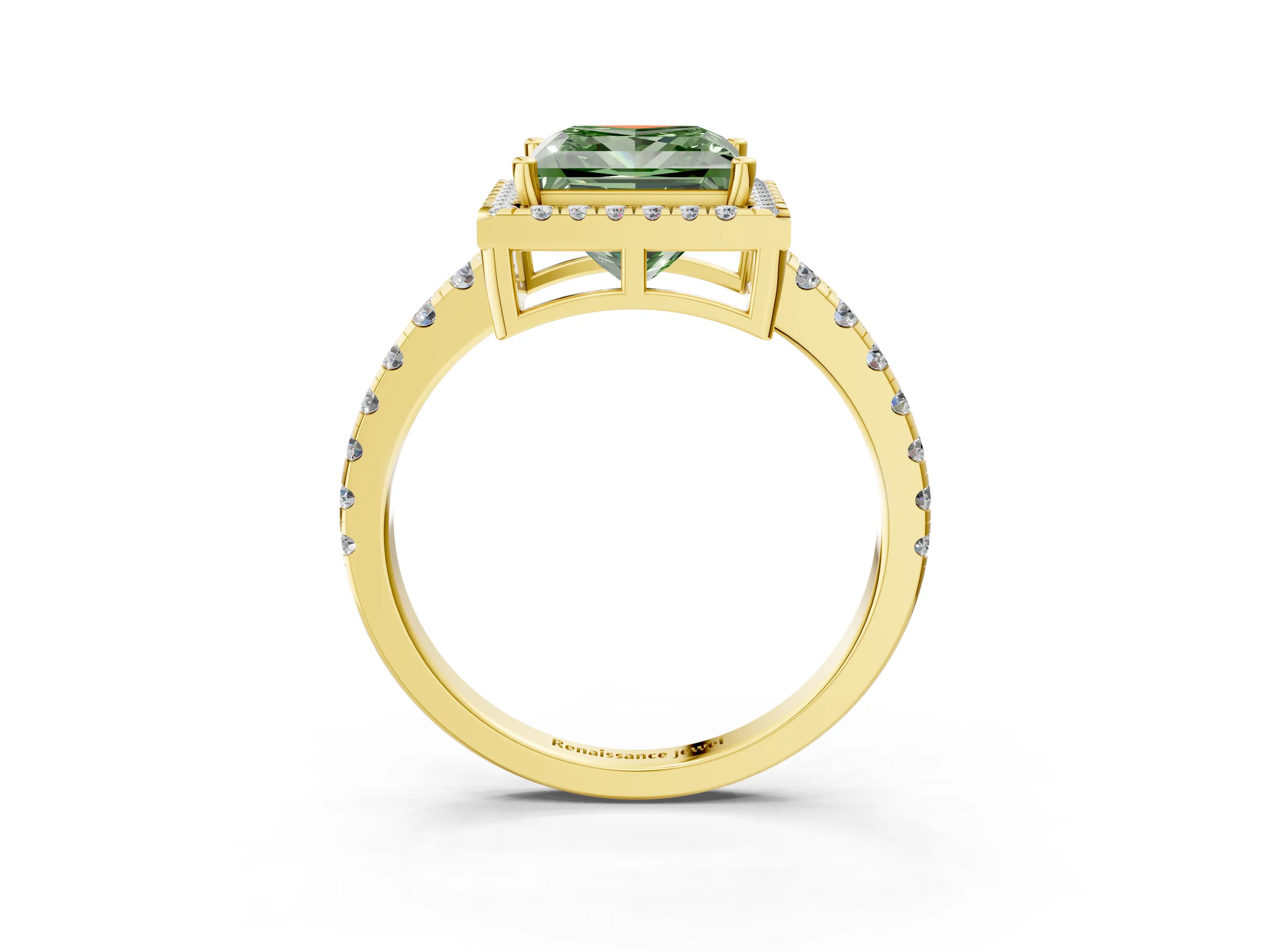 Yellow gold Fancy Green Princess Cut Diamond Halo Ring with Pavé Band and Four-Prong Setting_3