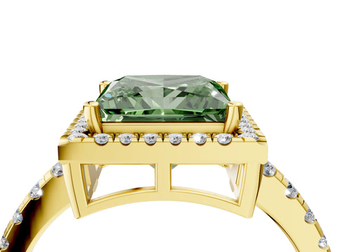 Yellow gold Fancy Green Princess Cut Diamond Halo Ring with Pavé Band and Four-Prong Setting_4