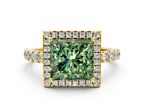 Yellow gold Fancy Green Princess Cut Diamond Halo Ring with Pavé Band and Four-Prong Setting