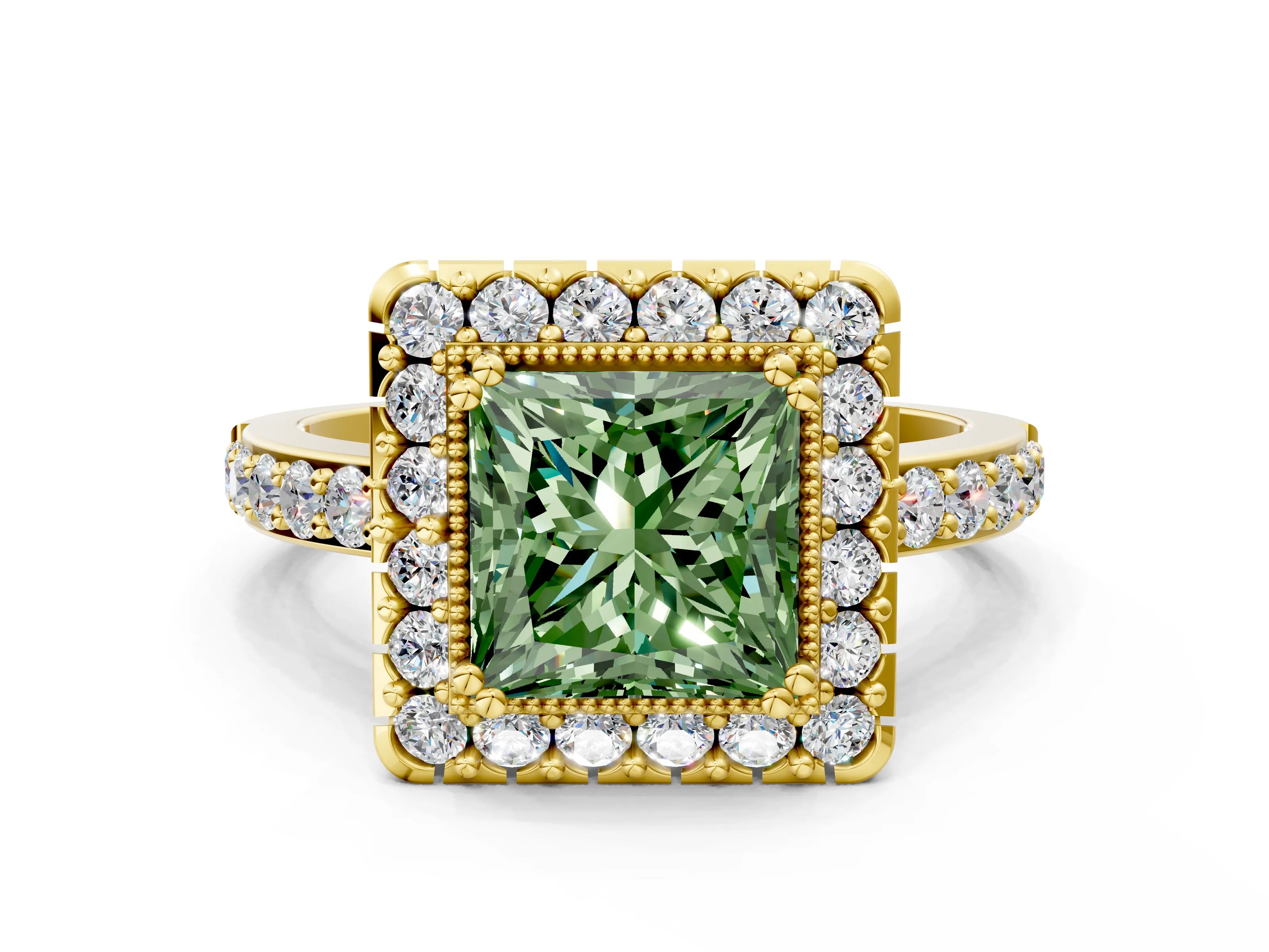 Yellow gold Fancy Green Princess Cut Diamond Halo Ring with Pavé Band and Prong Setting