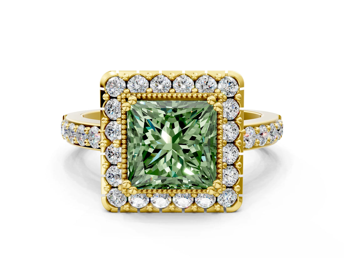Yellow gold Fancy Green Princess Cut Diamond Halo Ring with Pavé Band and Prong Setting