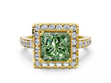 Yellow gold Fancy Green Princess Cut Diamond Halo Ring with Pavé Band and Prong Setting