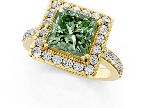 Yellow gold Fancy Green Princess Cut Diamond Halo Ring with Pavé Band and Prong Setting_1