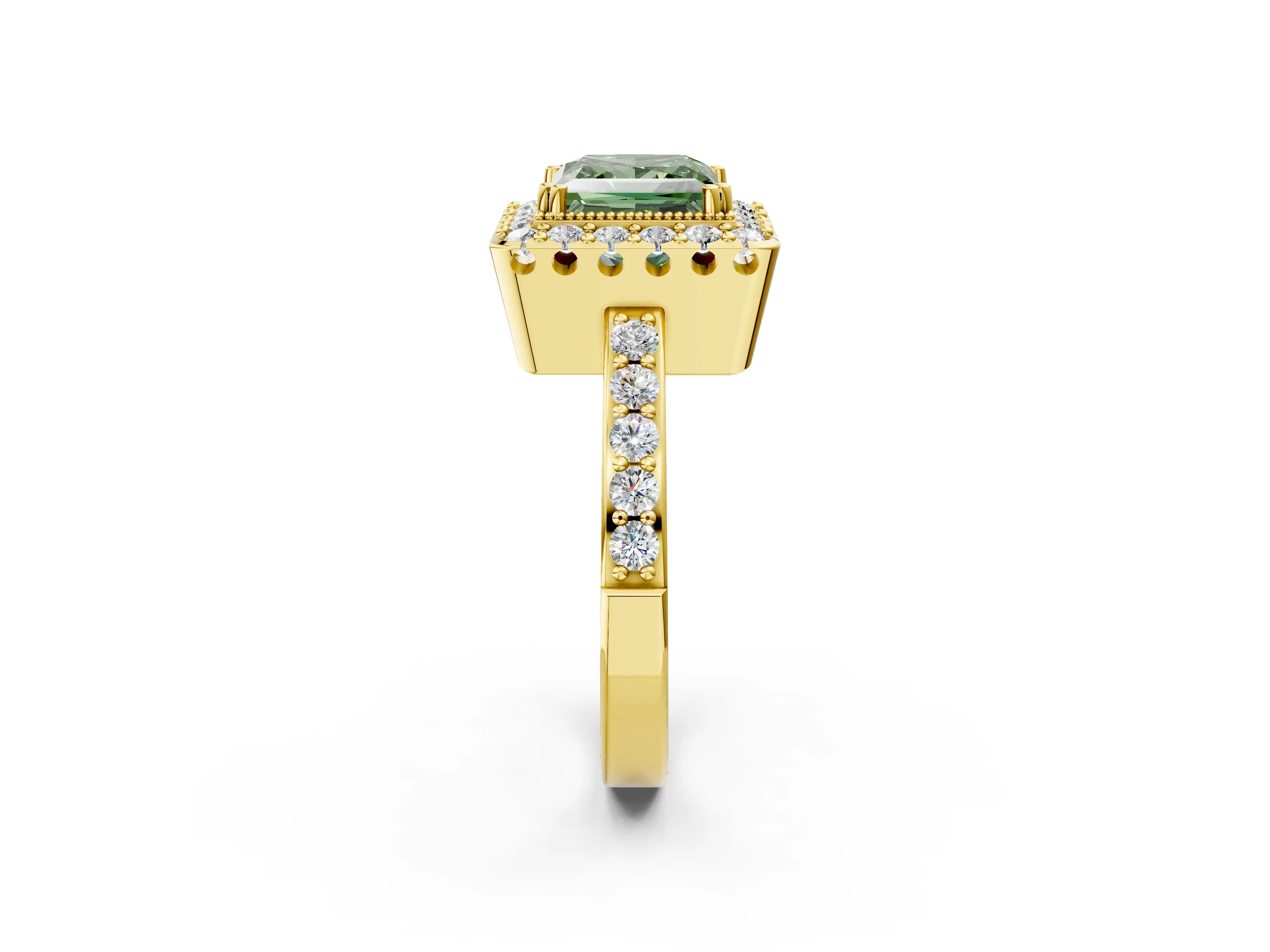 Yellow gold Fancy Green Princess Cut Diamond Halo Ring with Pavé Band and Prong Setting_2