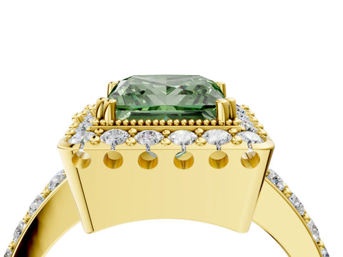 Yellow gold Fancy Green Princess Cut Diamond Halo Ring with Pavé Band and Prong Setting_4
