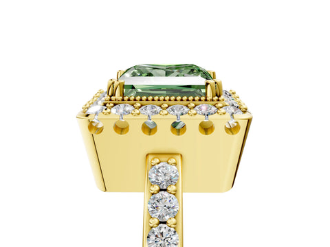 Yellow gold Fancy Green Princess Cut Diamond Halo Ring with Pavé Band and Prong Setting_5