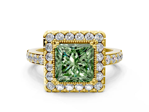 Yellow gold Fancy Green Princess Cut Diamond Halo Ring with Pavé Band and Prong Setting