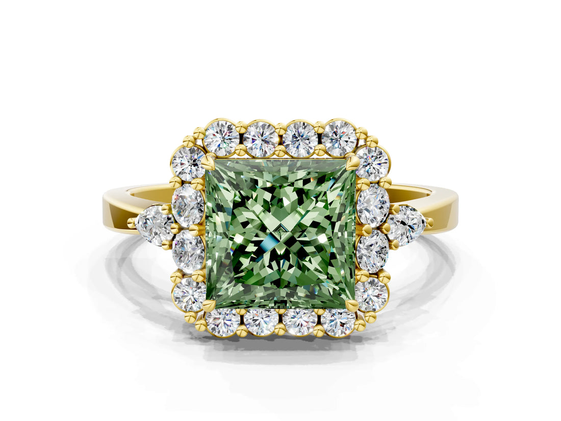 Yellow gold Fancy Green Princess Cut Diamond Halo Ring with Pear Side Stones and Prong Setting_16