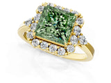Yellow gold Fancy Green Princess Cut Diamond Halo Ring with Pear Side Stones and Prong Setting_17