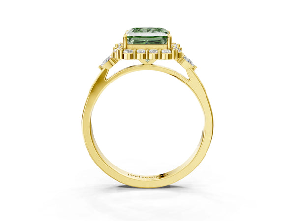 Yellow Gold Princess Cut Halo Engagement Ring Setting for Fancy Green Center with Pear Accents