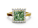 Yellow gold Fancy Green Princess  Cut Diamond Halo Ring with Round Brilliant Halo and Solitaire Band