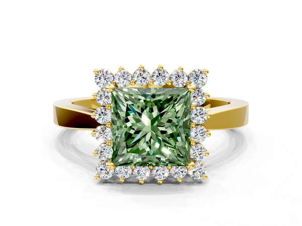 Yellow gold Fancy Green Princess  Cut Diamond Halo Ring with Round Brilliant Halo and Solitaire Band