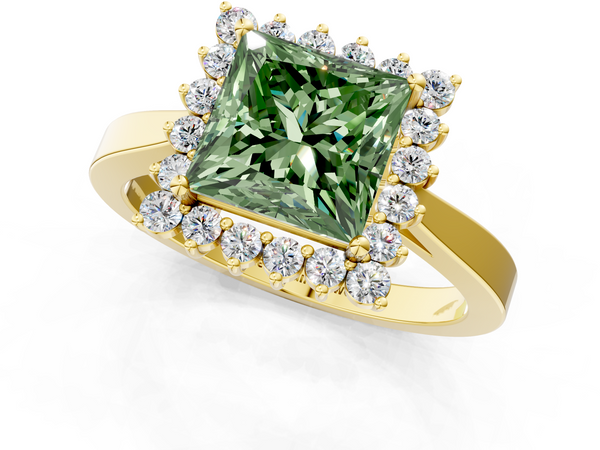 Yellow gold Fancy Green Princess  Cut Diamond Halo Ring with Round Brilliant Halo and Solitaire Band