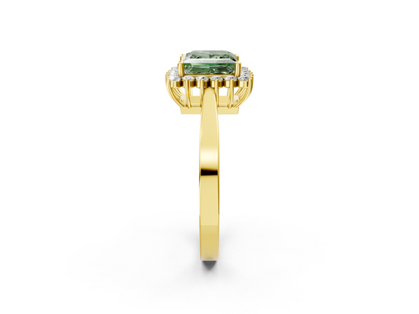 Yellow gold Fancy Green Princess  Cut Diamond Halo Ring with Round Brilliant Halo and Solitaire Band