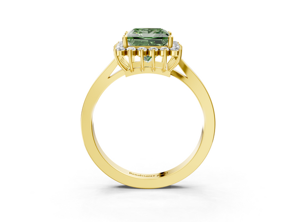 Yellow gold Fancy Green Princess  Cut Diamond Halo Ring with Round Brilliant Halo and Solitaire Band