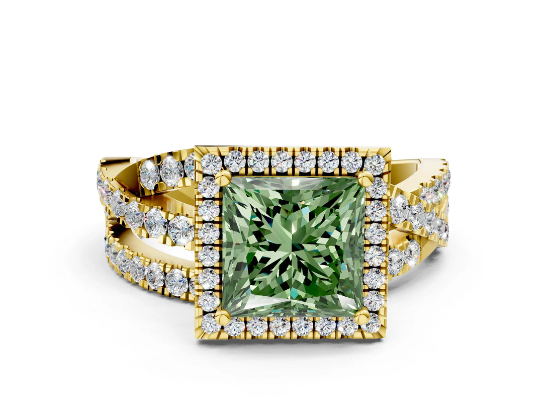 Yellow gold Fancy Green Princess Cut Diamond Halo Ring with Round Split Shank and Prong Setting_36
