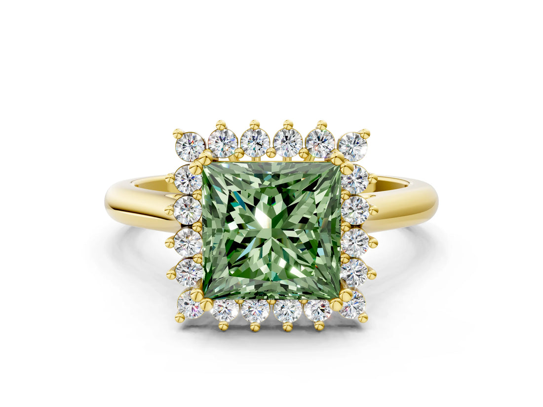 Yellow gold Fancy Green Princess  Cut Diamond Halo Ring with Solitaire Band and Prong Setting_28