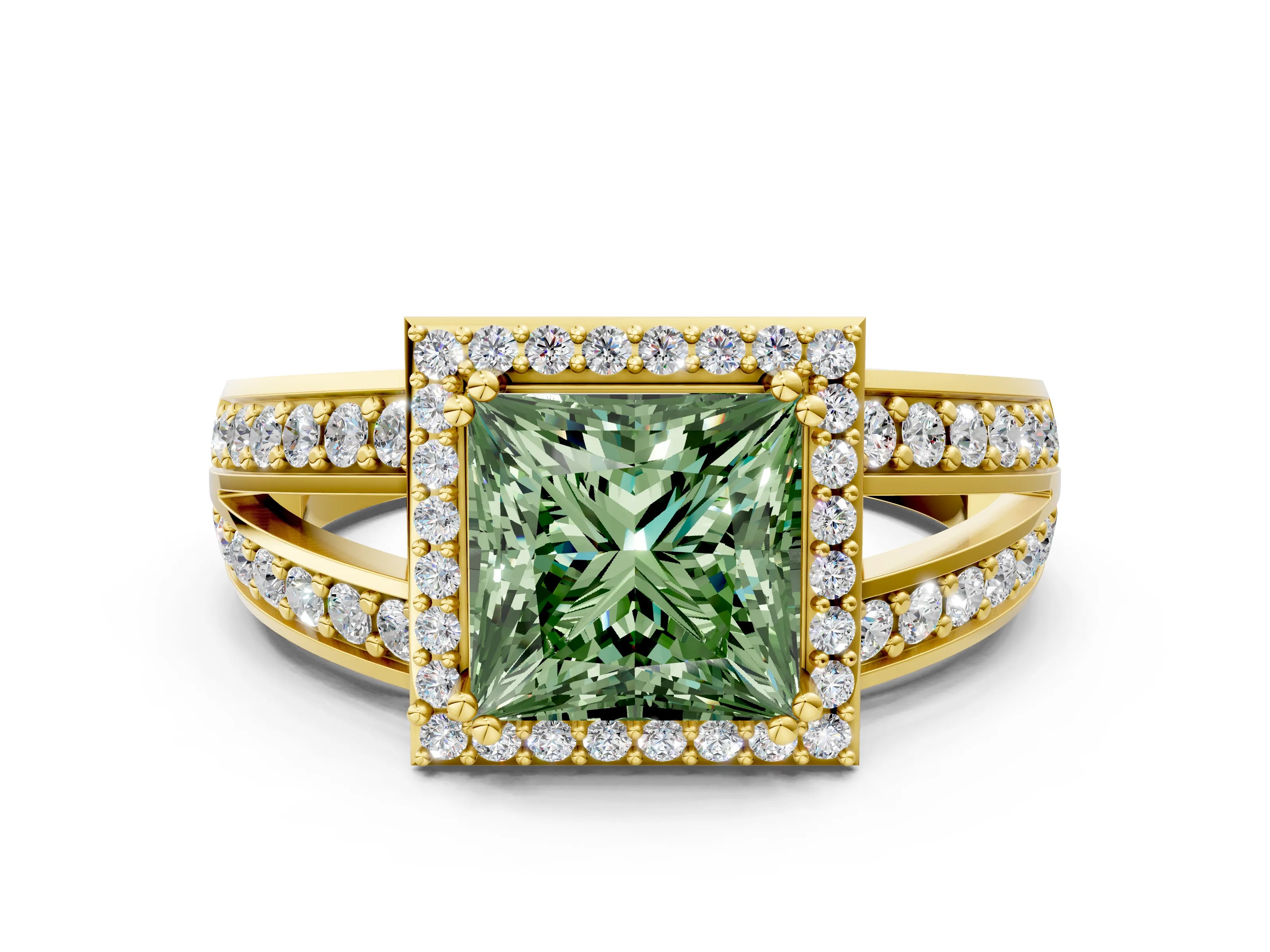 Yellow gold Fancy Green Princess Cut Diamond Halo Ring with Split Shank Pavé Band and Four-Prong Setting