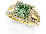 Yellow gold Fancy Green Princess Cut Diamond Halo Ring with Split Shank Pavé Band and Four-Prong Setting_1