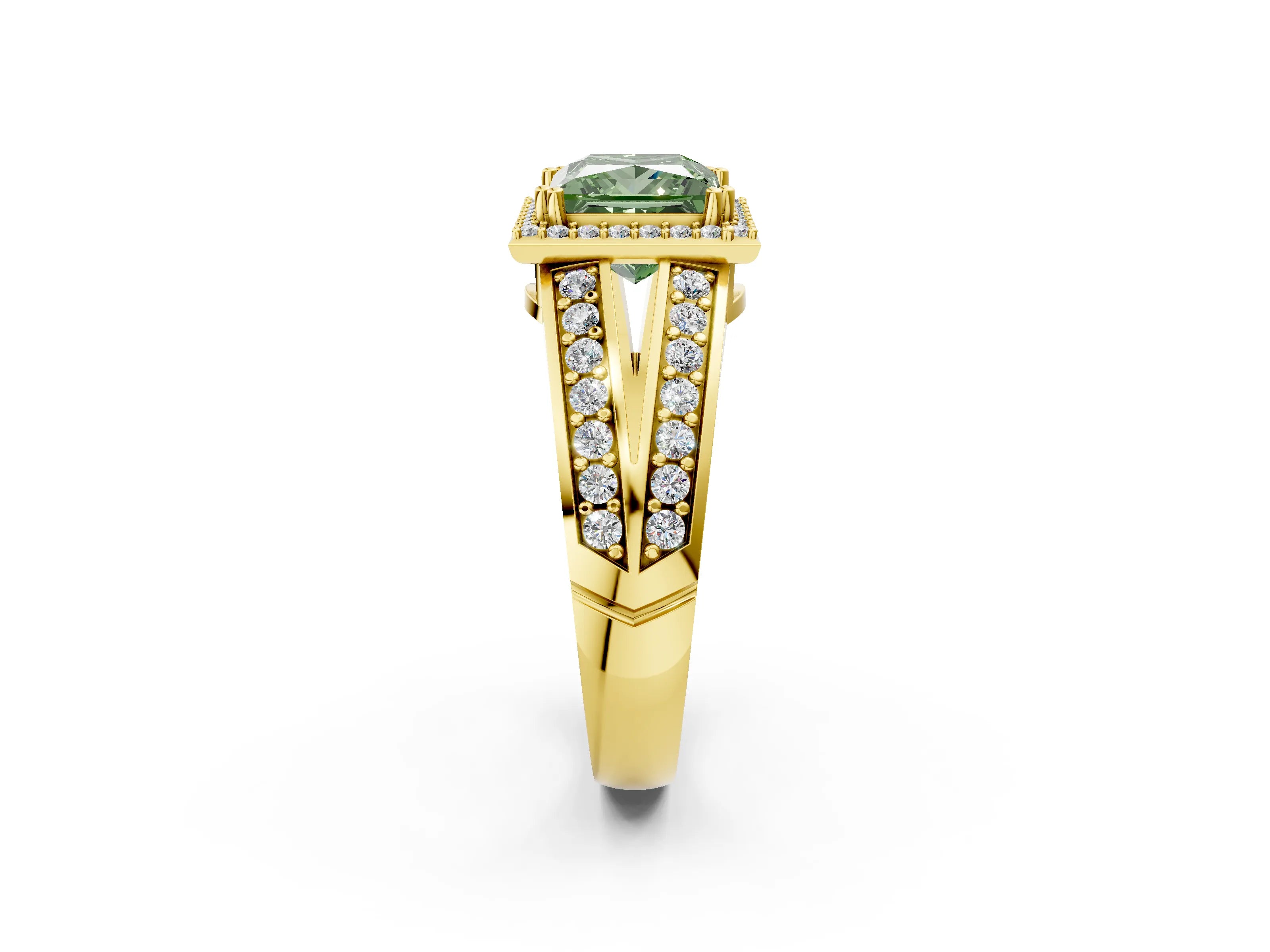 Yellow gold Fancy Green Princess Cut Diamond Halo Ring with Split Shank Pavé Band and Four-Prong Setting_2