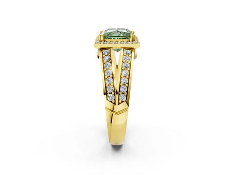 Yellow gold Fancy Green Princess Cut Diamond Halo Ring with Split Shank Pavé Band and Four-Prong Setting_2
