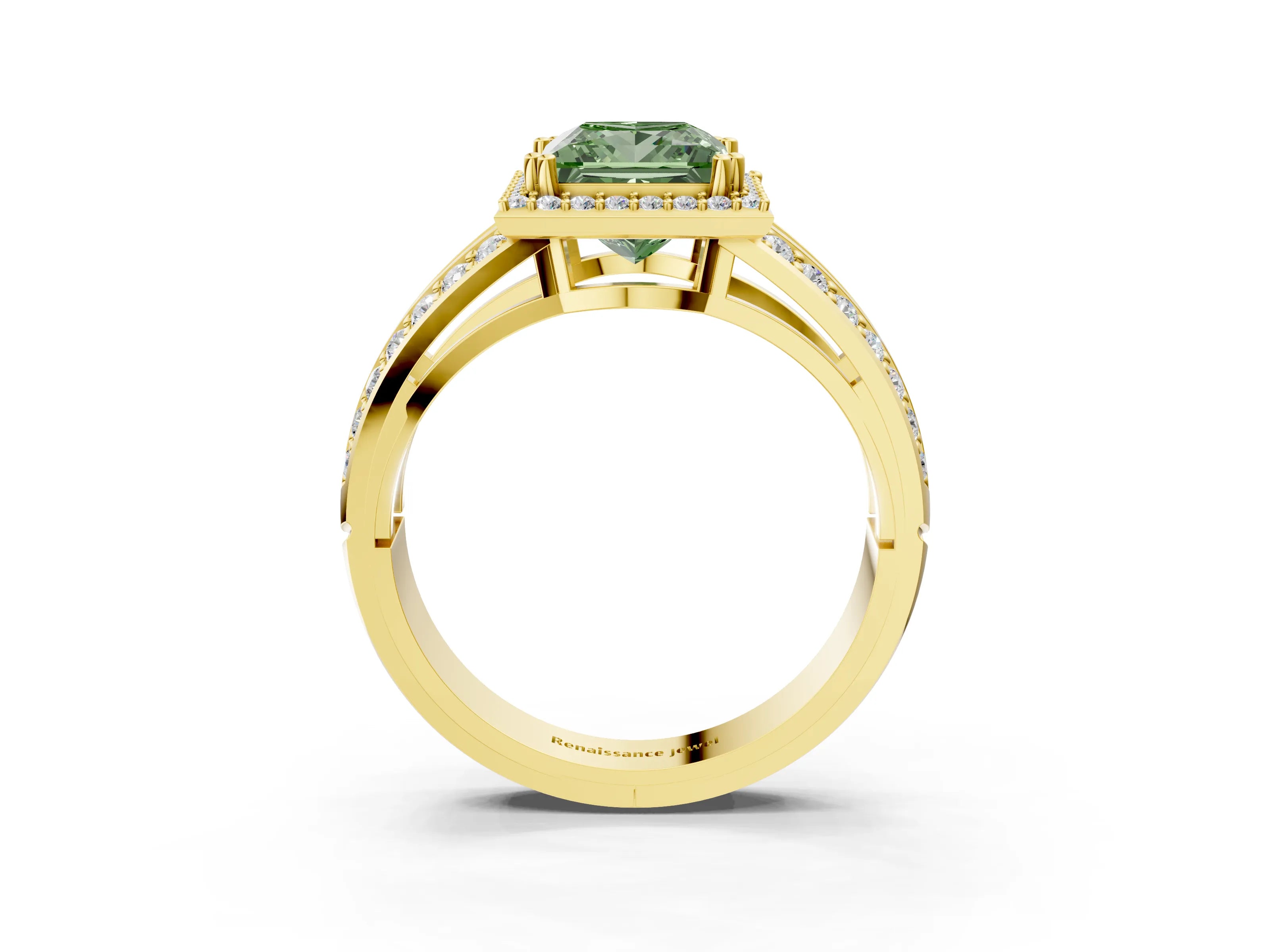 Yellow gold Fancy Green Princess Cut Diamond Halo Ring with Split Shank Pavé Band and Four-Prong Setting_3